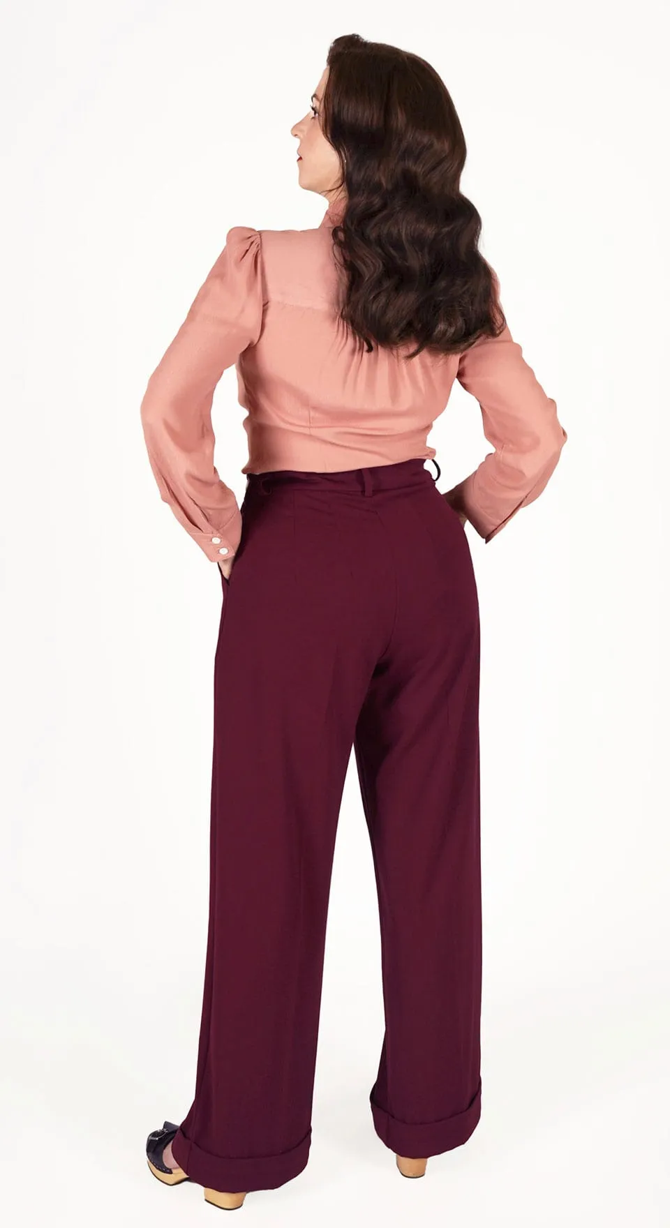 1930s and 40s Classic High Waist Wide Leg Trousers in Burgundy