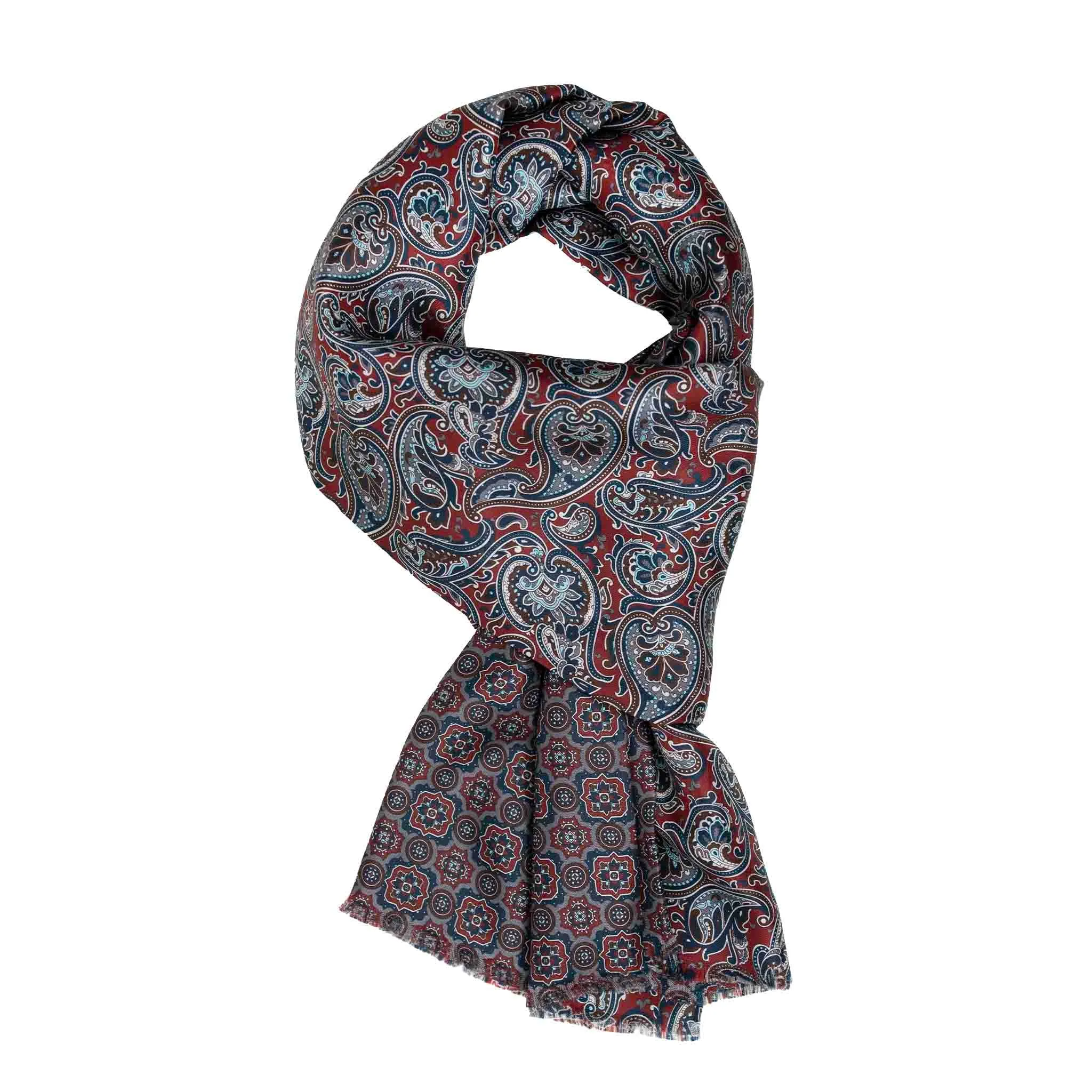 Burgundy with Grey Paisley and Medallions Silk Scarf