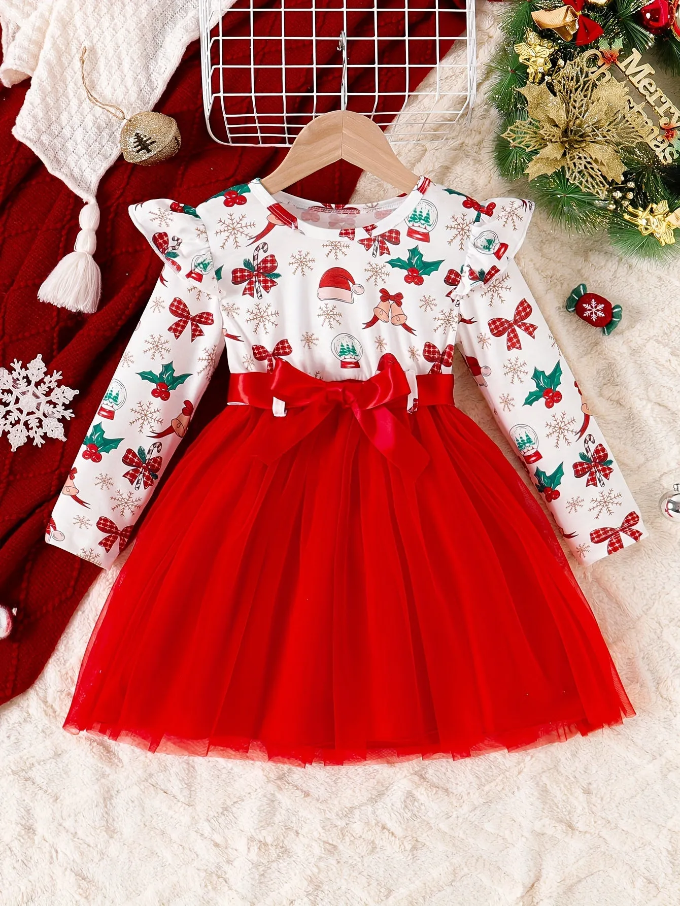 Christmas Baby Girl Snowflake Santa Hat Bow Christmas Tree Print Top Mesh Dress with Belt