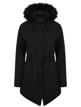 Dinah Fur Trim Hooded Parka Jacket in Black - Tokyo Laundry