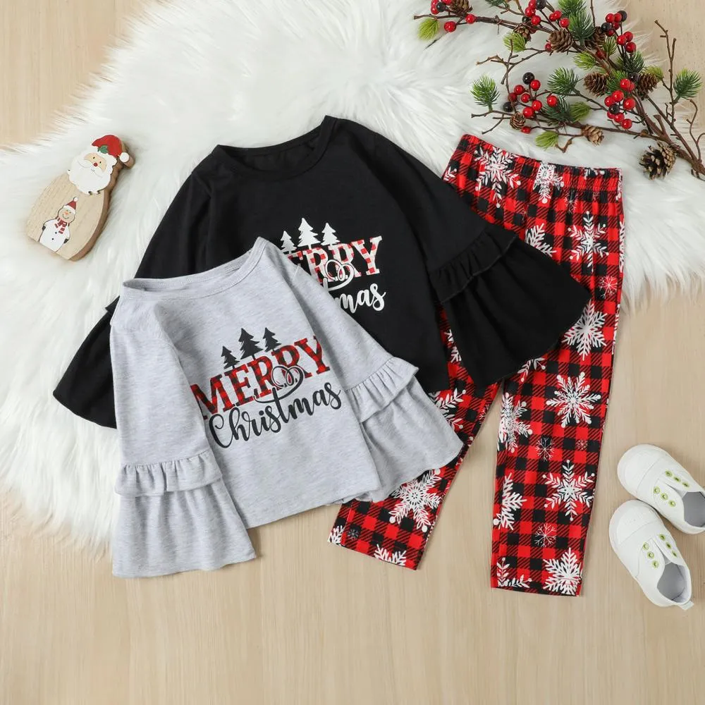 Girls Suit Spring Autumn Long Sleeve Christmas Snowflake Plaid Two Piece Suit Wholesale