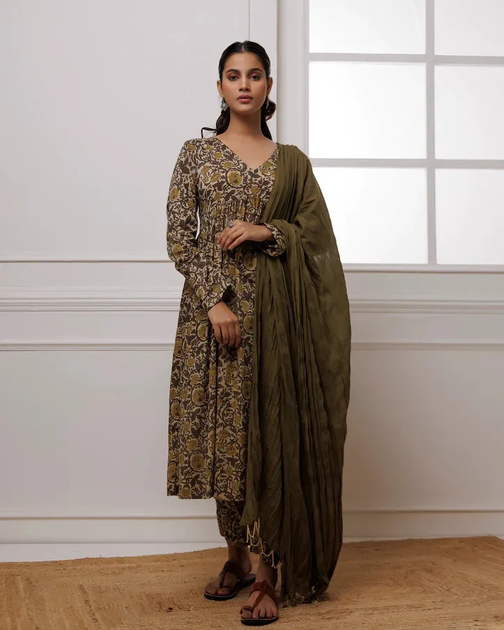 Grey Hand Block Printed Suit Set With Dupatta