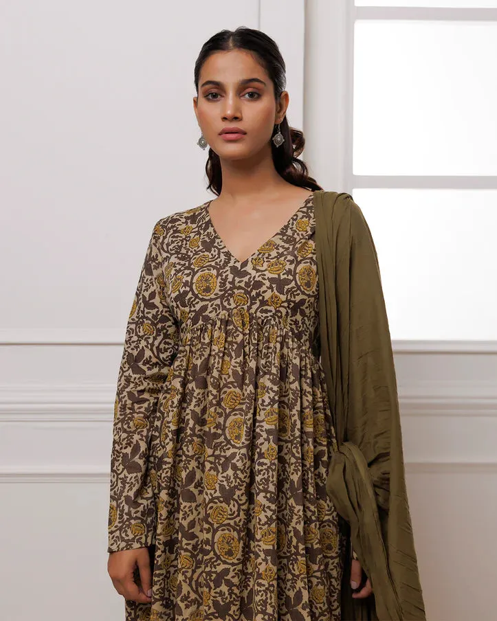 Grey Hand Block Printed Suit Set With Dupatta