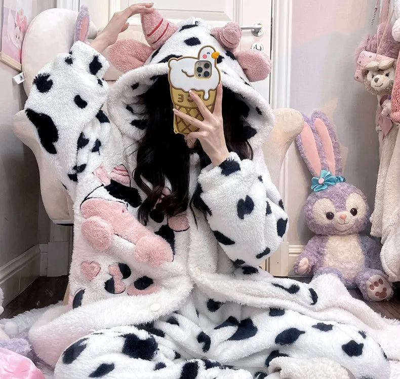 Moo Cow Black White Thick Plush Fleece Winter Pajamas Hooded Bathrobe & Pants Set