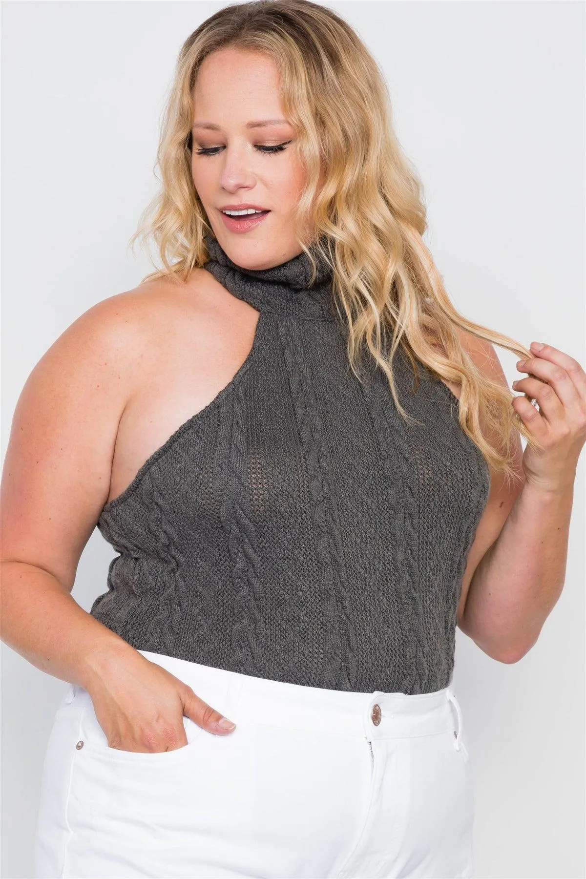 Plus Size Hunter Green Cable Knit Turtleneck Sleeveless Bodysuit /2-1-1