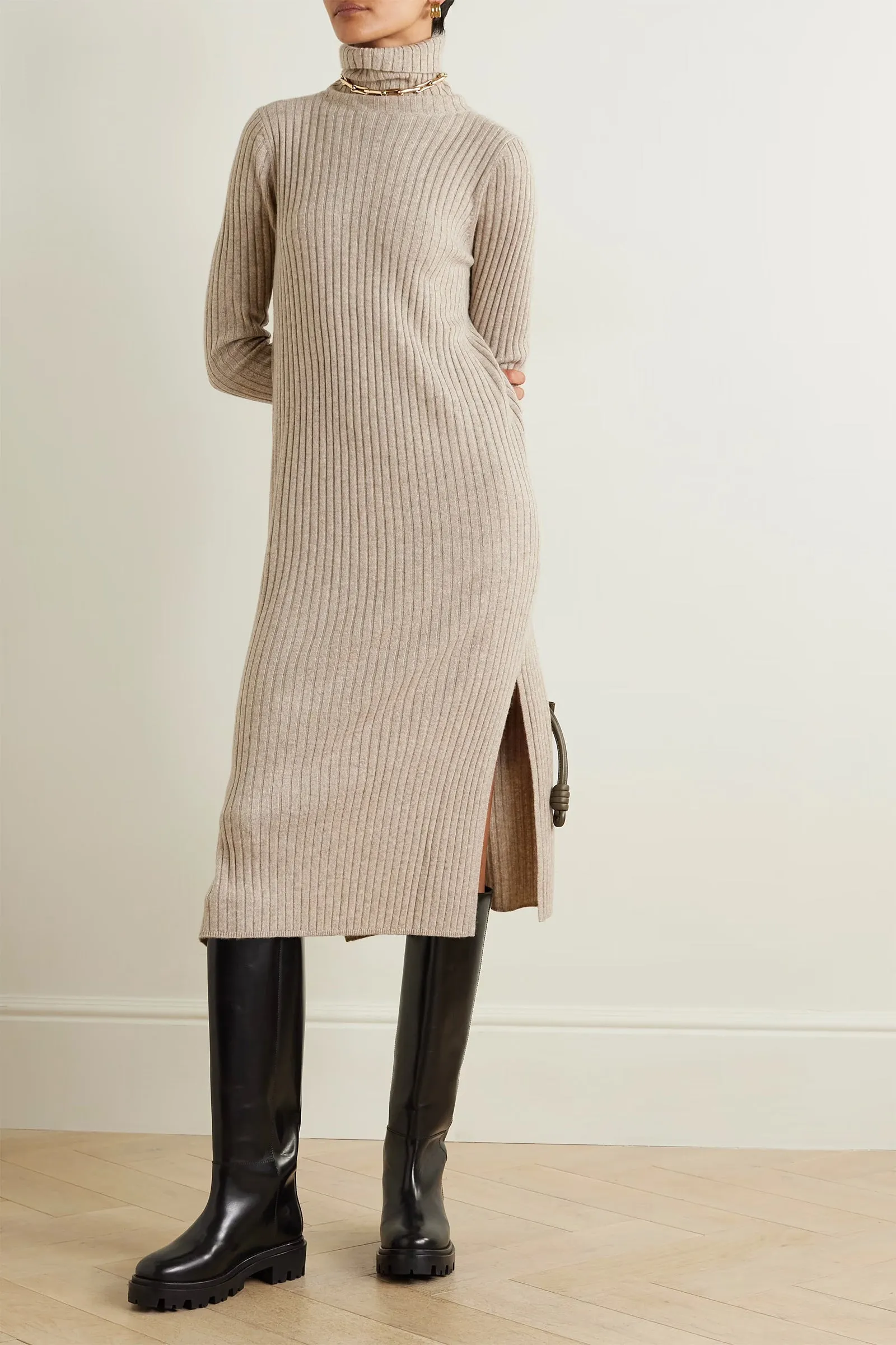 Ribbed Cashmere Turtleneck Midi Dress
