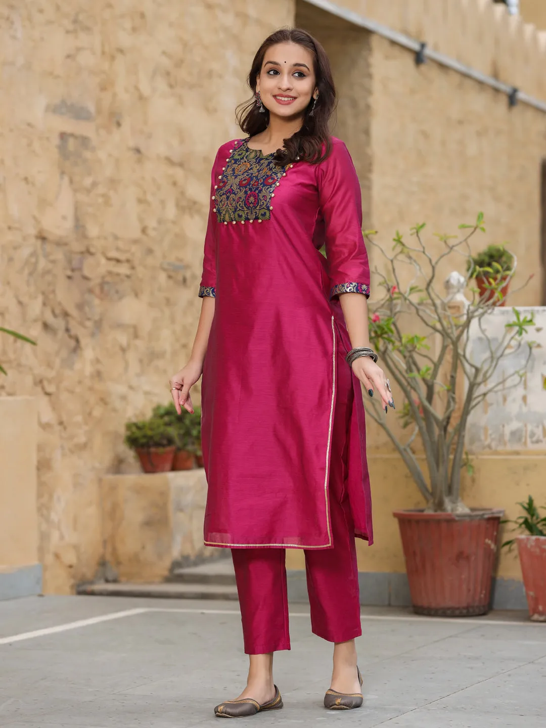 Solid Brocade Yoke Straight Kurta with Pants