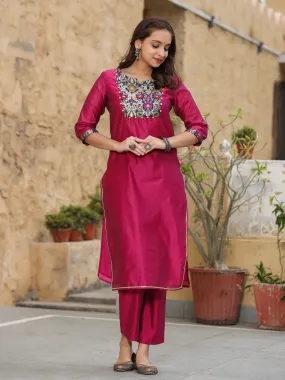 Solid Brocade Yoke Straight Kurta with Pants